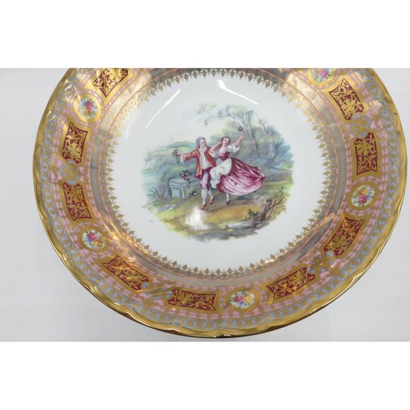 Rare LIMOGES Pedestal FOOTED Bowl Gilded Accents Romantic Scene VTG -  Repaired - Picture 5 of 11
